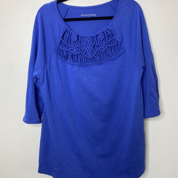 Soft Surroundings Cobalt Blue Macrame Crochet Neck 3/4 Long Sleeve Tee Large - Picture 1 of 7